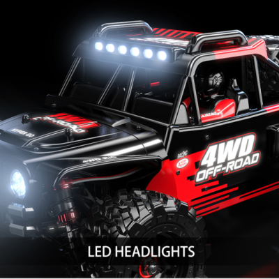 Carro RC off-road preto e vermelho com luzes LED acesas