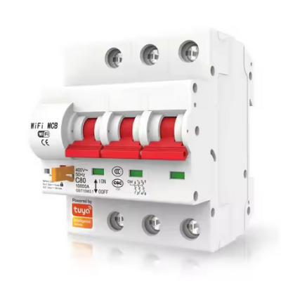 Disjuntor WiFi MCB branco com chaves vermelhas e etiqueta 'Powered by tuya'
