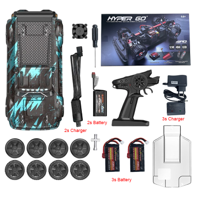 Carro RC preto e azul com acessórios e caixa da marca HYPER GO