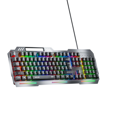Teclado mecânico com iluminação RGB multicolorida e estrutura prateada