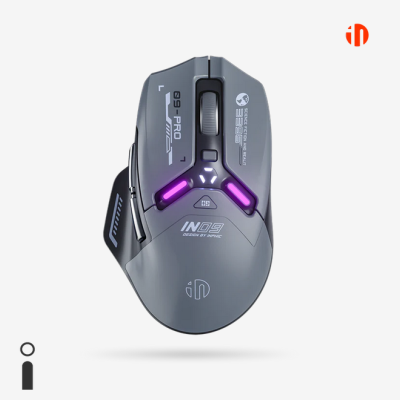 Rato gaming cinzento escuro com iluminação LED roxa e texto visível