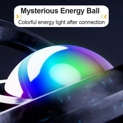 Esfera luminosa colorida envolta por anéis metálicos escuros