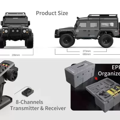 Carro rádio controlado cinza e preto, comando preto e organizador EPP cinza