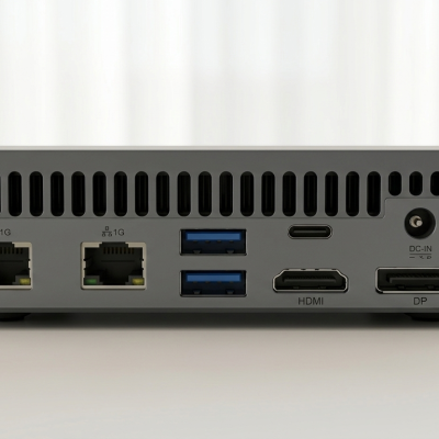 Dispositivo tecnológico cinza com várias portas de conexão, sobre superfície branca