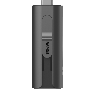 Adaptador USB-C cinzento escuro com clipe metálico e texto RAPIDS