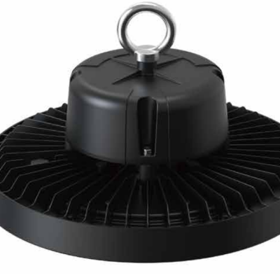 Luminária industrial preta circular com dissipador e anel para pendurar