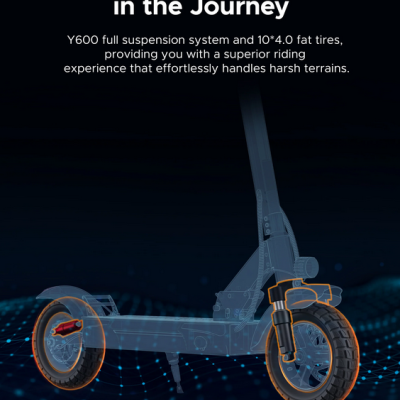 Esquiço digital de trotinete com suspensão e pneus grossos e texto em inglês sobre fundo escuro