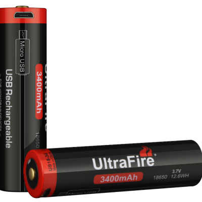Bateria recarregável UltraFire 18650 preta e vermelha com porta Micro USB