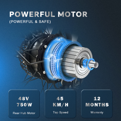 Motor potente para cubo traseiro com especificações de tensão, potência, velocidade e garantia