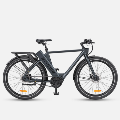 Bicicleta elétrica cinza escuro com bateria integrada e guarda-lamas