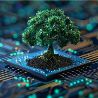 Microchip azul com árvore verde em miniatura e circuitos eletrónicos ao redor