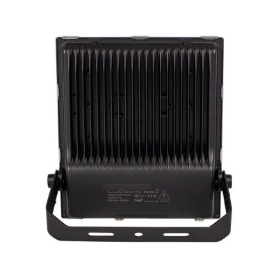 Projetor LED preto com suporte metálico e texto técnico