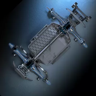 Estrutura mecânica metálica com base hexagonal cinza em fundo cinza texturizado