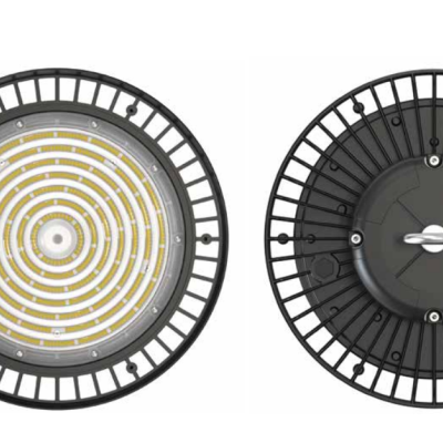 Luminária industrial redonda preta com LED em espiral e detalhes metálicos