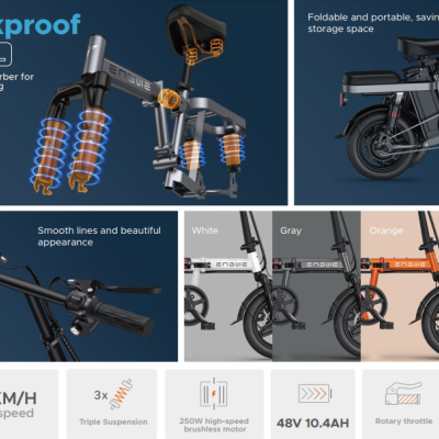 Bicicleta elétrica dobrável em várias cores com especificações técnicas destacadas