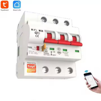 Disjuntor WiFi branco com alavancas vermelhas e smartphone com app de controlo