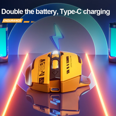 Rato gaming amarelo e preto com iluminação LED e entrada Type-C em superfície espelhada