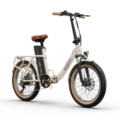 Bicicleta elétrica bege com texto DIESPORT e banco castanho claro