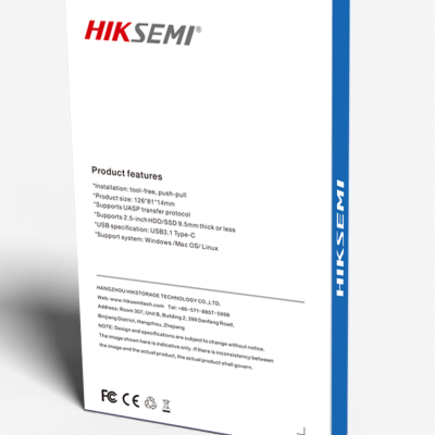 Caixa de embalagem branca e azul da marca HIKSEMI com texto de características do produto