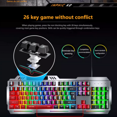 Teclado mecânico RGB com 104 teclas em várias cores e estrutura metálica prateada.