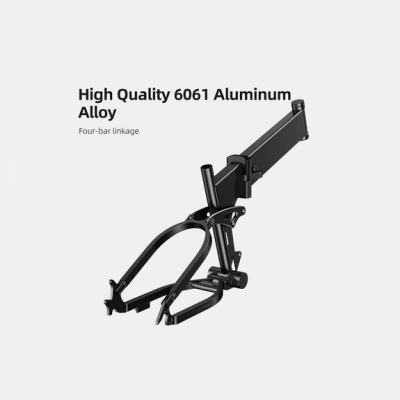 Estrutura de bicicleta preta em liga de alumínio 6061 com design de quatro barras e texto descritivo