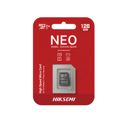 Cartão micro SD preto 128GB em embalagem vermelha com texto branco e preto
