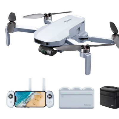 Drone branco com câmara e quatro hélices, comando com ecrã, carregador de baterias e bolsa preta Potensic