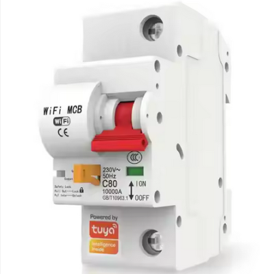 Disjuntor WiFi MCB branco com interruptor vermelho e etiquetas visíveis