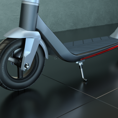 Trotinete elétrica cinza com rodas pretas em chão escuro