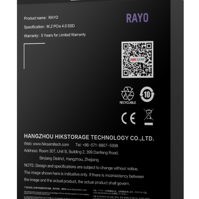 Embalagem preta de SSD M.2 PCIe 4.0 RAYO com QR code e texto informativo