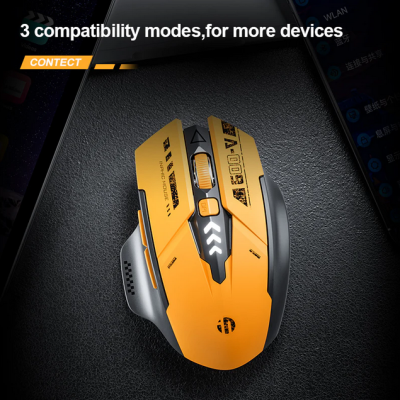 Rato wireless amarelo e preto com botões e roda de scroll