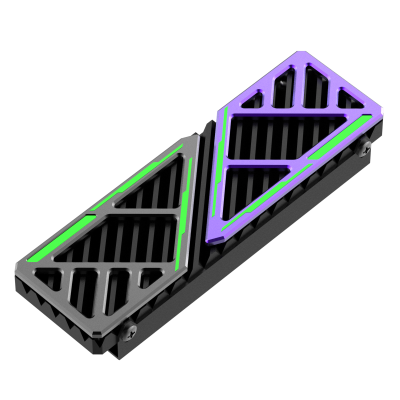 Suporte retangular de metal com detalhes em verde, cinza e roxo