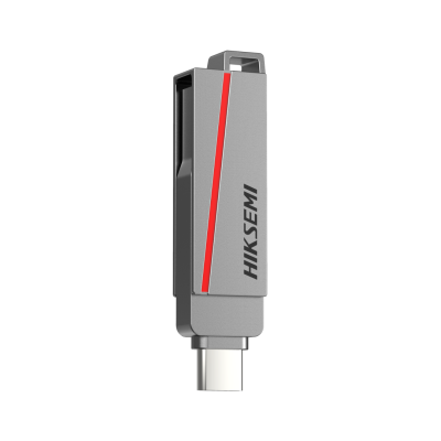 Pen USB cinza metálico com detalhe vermelho e texto HIKSEMI