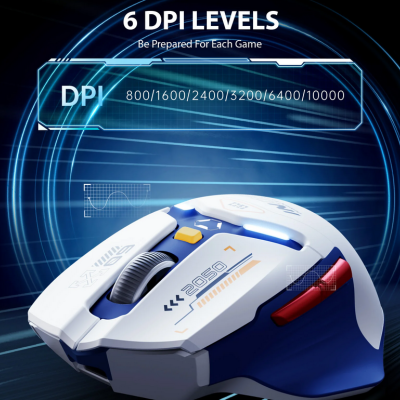 Rato gaming azul, branco e vermelho com ajuste DPI e texto técnico em fundo digital azul