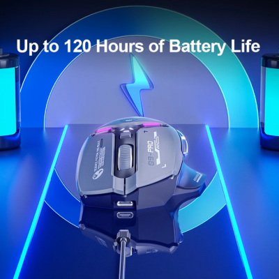 Rato gaming cinza com luzes LED e texto sobre bateria longa