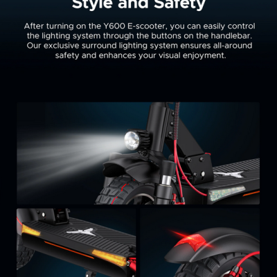 Trotinete elétrico preto Y600 com luzes dianteira, lateral e traseira, detalhes em vermelho e plataforma texturizada com símbolo de panda.