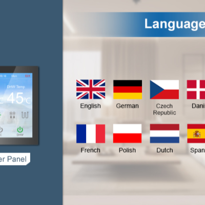 Painel de controlo digital com display e várias bandeiras de idiomas