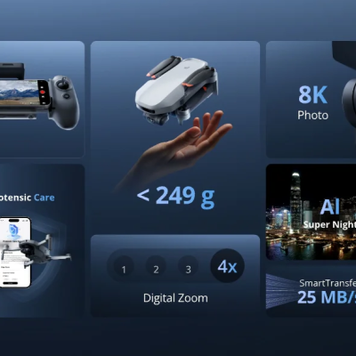 Imagem promocional de drone cinza com controlador preto mostrando características técnicas em texto azul sobre fundo azul escuro.