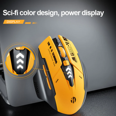 Rato gamer amarelo e preto com luzes LED e texto impresso