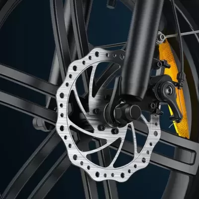 Roda de bicicleta preta com disco de travão e refletor amarelo