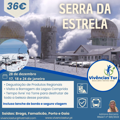 Síntese visual promocional da Serra da Estrela com fotografia da Torre, domos geodésicos e texto em azul e creme