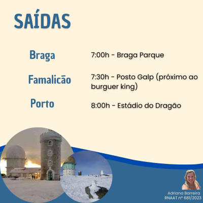 Cartaz informativo com horários e locais de saída, fotos de edifícios na neve e foto de mulher