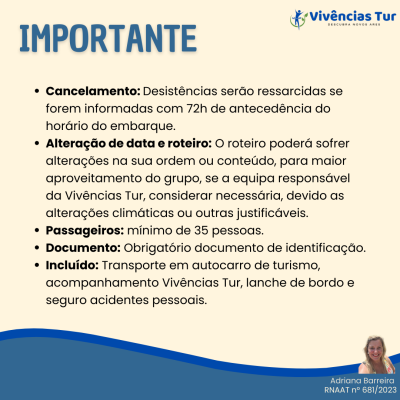 Informação importante da Vivências Tur sobre condições de viagem em fundo bege com design azul