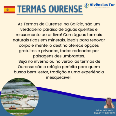 Imagem promocional das Termas de Ourense com piscina termal natural e texto explicativo em português europeu
