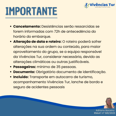 Aviso informativo da Vivências Tur sobre cancelamento, alteração de roteiro, passageiros mínimos, documentos e serviços incluídos