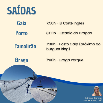 Horários e locais de saídas com fotos de paisagens de neve e foto de uma mulher