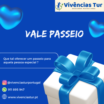 Imagem promocional de vale passeio com presente branco de fita azul e textos em português.