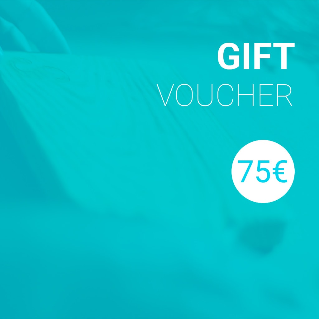 Fundo azul com texto 'GIFT VOUCHER' e valor '75€' em destaque