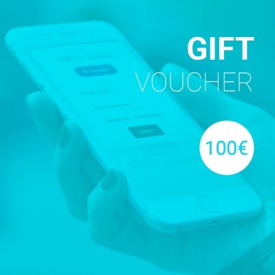 Mão segura smartphone branco com texto GIFT VOUCHER 100€ sobre fundo azul