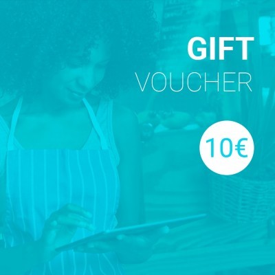 Mulher usando tablet com texto GIFT VOUCHER e 10€ em destaque
